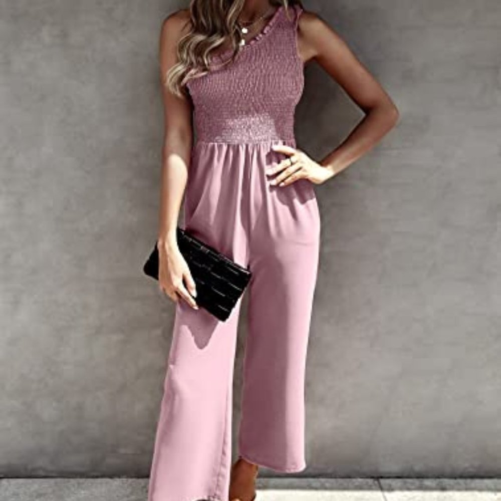 Angashion Women's Summer Wide Leg Jumpsuits One Shoulder Casual Sleeveless LARGE